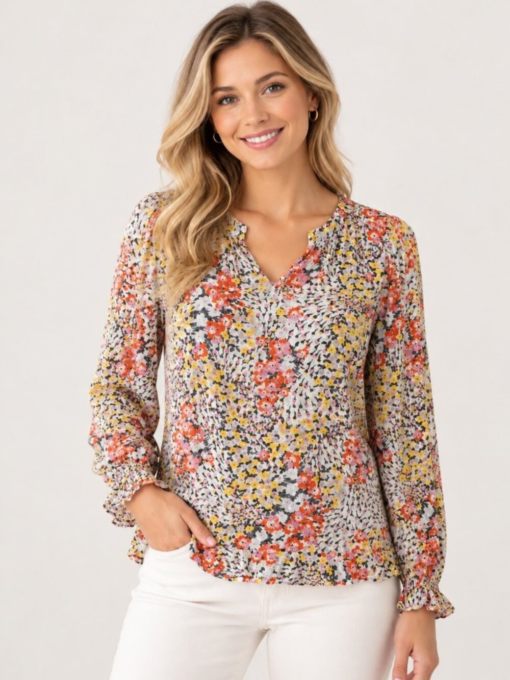LOFT Petites SP Multicolor Floral Ruffle Hem Split Neck Long Sleeve Rayon Blouse